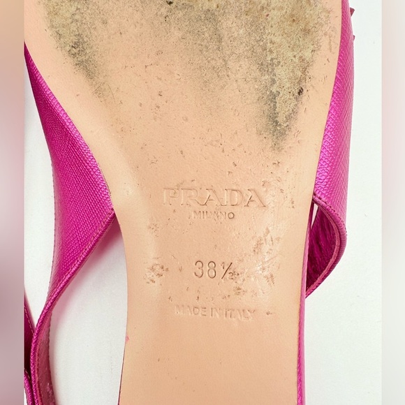 Prada Fuschia Pink Saffiano Leather Bow logo embellished slingback ballet flats - Picture 7 of 8